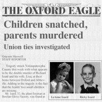 April 17, 1958 Newspaper headline 'Children snatched, parents murdered' with photos of a little girl and little boy
